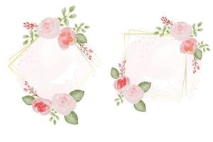 aquarel roze wilde roos met gouden frame krans op roze splash achtergrond collectie vector