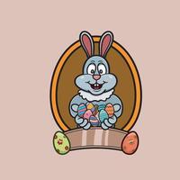 mascotte konijn cartoon breng eieren logo. vrolijk pasen thema. vector