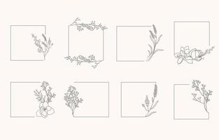 lijnobjectverzameling met lavendel, blad, bloem, vierkant, krans vector