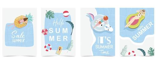 feest zomertijd ansichtkaart met zwembad en strand op de achtergrond overdag vector