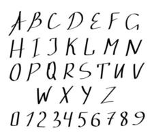 eenvoudige vectorillustratie. Engels alfabet met de hand geschreven met een klodderborstel. zwarte letters, cijfers op een witte achtergrond, latijn. vector