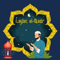 bewerkbare biddende moslim man en Arabische fanoos lantaarn vectorillustratie met patroon frame van nachtelijke hemel voor laylat al-qadr tijdens ramadan maand gerelateerd ontwerpconcept vector