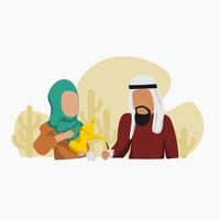 bewerkbare vector van Arabische vrouw die Arabische koffie uit de dallah-pot giet in de Finjan-beker voor haar echtgenootillustratie voor islamitische momenten of Arabische cultuurcafé en familiegerelateerd ontwerp