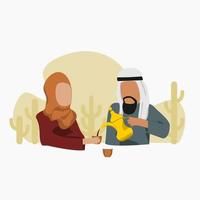 bewerkbare vector van Arabische man die Arabische koffie uit de dallah-pot giet in Finjan-beker voor zijn vrouw illustratie voor islamitische momenten of Arabische cultuur café en familie gerelateerd ontwerp