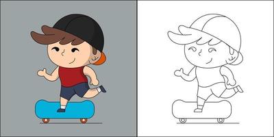 schattige jongen skateboarden geschikt voor kinderen kleurplaten pagina vectorillustratie vector