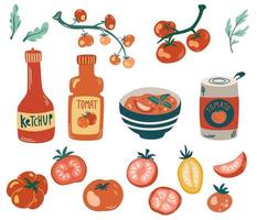 tomaten set. ketchup, tomatenpuree, tomatensaus, gazpacho. tomaten heel, in plakjes en op een tak. biologische gezonde voeding. groenten. handgetekende cartoon vectorillustratie vector