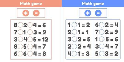 wiskunde spel. plus of min. set werkbladen voor kinderen voorschoolse en schoolgaande leeftijd. vector