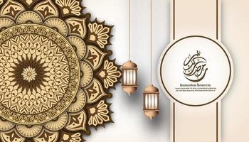 islamitische arabische achtergrond zachte crème kleur met lantaarn mandala ornament en frame premium vector