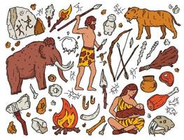 holbewoners en neanderthalers in het stenen tijdperk, vector doodle set. oude primitieve mensen jagen op mammoeten en tijgers. gereedschap en rotstekeningen. paleontologie en antropologie bruine cartoon pictogrammen.