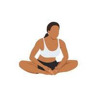 vrouw doet gebonden hoek pose baddha konasana oefening. platte vectorillustratie geïsoleerd op een witte achtergrond vector