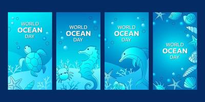 wereld oceaan dag banner collectie met zeepaardje, schildpad, dolfijn en zeeschelpen. vector