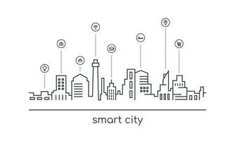 slimme stad lijn concept. slimme dienstenpictogrammen. draadloos communicatienetwerk. vector illustratie