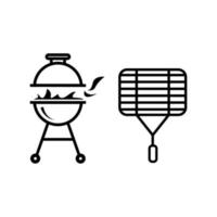 BBQ-grill icoon. barbecue met vuur en maaltijd. houtskool grill vector lijn symbolen. vlakke afbeelding op witte achtergrond
