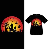 Halloween retro kleurent-shirtontwerp met een spookhuissilhouet. Halloween-modekledingontwerp met een dode boom, een spook en een heksensilhouet. eng vintage kleur t-shirt ontwerp voor halloween. vector