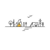 brand in het bos. lijn kunst concept. kamperen buiten wandelen rust in de natuur. wees voorzichtig met vreugdevuur. natuurramp. vectorillustratie op witte achtergrond vector