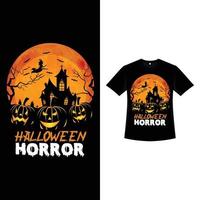 Halloween vintage t-shirtontwerp met enge pompoenlantaarns. Halloween-modekledingontwerp met pompoenlantaarns en spookhuissilhouet. eng retro kleurent-shirtontwerp voor halloween-evenement. vector