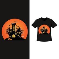 Halloween-t-shirtontwerp met vintage kleur en spookhuis. achtervolgd element silhouet ontwerp met pompoenlantaarn, huis en dode boom. eng t-shirtontwerp voor halloween-evenement vector