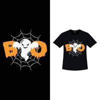 Halloween zwarte kleur t-shirt design met witte geest en oranje typografie. Halloween-elementontwerp met een witte geest, spinnenweb en kalligrafie. spookachtig t-shirtontwerp voor Halloween. vector