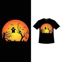 Halloween vintage t-shirtontwerp met een enge geest. Halloween griezelige mode slijtage ontwerp met een spook, vleermuizen en dode boom silhouet. eng retro kleurent-shirtontwerp voor halloween-evenement. vector