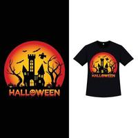 Halloween retro kleurent-shirtontwerp met een spookhuis, grafstenen en zombiehanden. Halloween eng t-shirtontwerp met vintage kleur en silhouetvormen. enge modevormgeving voor halloween. vector