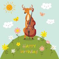 een hert staat op een heuvel en speelt contrabas. gelukkige verjaardag belettering. wenskaart. schattig karakter in cartoon-stijl. vector