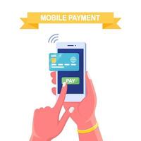 mobiele telefoon met creditcard of bankpas. online betaling, veiligheidstransactie. internetbankieren app. vector ontwerp