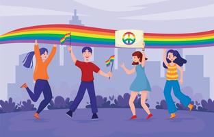 mensen houden lgbt regenboog en transgender vlag in trots maand festival vector