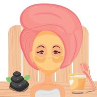 schoonheidsvrouw met een spa gezichtsmasker en handdoek spa concept vector
