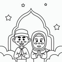 kleurplaat schattige cartoon afbeelding van moslim jongens en meisjes, verwelkomen eid al-fitr ramadan voor banners, pamfletten, stickers vector