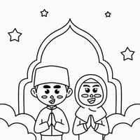 kleurplaat schattige cartoon afbeelding van moslim jongens en meisjes, verwelkomen eid al-fitr ramadan voor banners, pamfletten, stickers vector