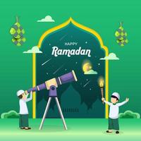 ramadan kareem, moslimmensen zoeken naar de hemel met een telescoop voor de nieuwe maan die het begin van de heilige maand ramadan aangeeft Vectorbeelden vector