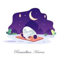 ramadhan kareem concept illustratie. gelukkige moslimmensen vieren heilige maand ramadhan, eid mubarak-groet. platte vectorsjabloonstijl voor webbestemmingspagina, achtergrond. vector