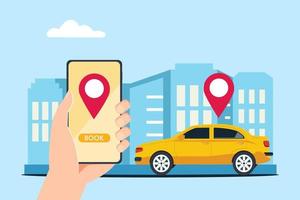 smartphonescherm met stadsplattegrond in de hand, taxi-auto en locatiepin. slim stadsvervoer. online bestellen taxiservice. platte vector