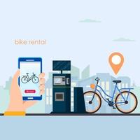 fietsdeelsysteem met gebruik smartphone te huur en betaald. slimme service voor huurfietsen in de stad. mobiele app voor het delen van systeem. platte vector