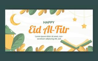 eid mubarak-sjabloon voor spandoek met lantaarn en koran concept. handgetekende en vlakke stijl vector