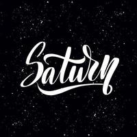 Saturnus belettering in moderne stijl. planeet vector typografie illustratie op zwarte sterren achtergrond. melkweg ruimte bedrijfsconcept. geweldige voorraadkalligrafie voor dagboeken, kaarten, badges, sociale media.