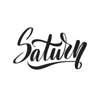 Saturnus belettering in moderne stijl. planeet vector typografie illustratie op zwarte sterren achtergrond. melkweg ruimte bedrijfsconcept. geweldige voorraadkalligrafie voor dagboeken, kaarten, badges, sociale media.