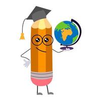 een happy cartoon-potlood in een afgestudeerde hoed en met een wereldbol in zijn handen. het gehumaniseerde grappige potlood lacht. vector