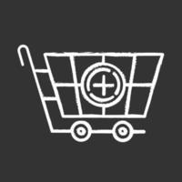 winkel trolley krijt icoon. het toevoegen van producten aan het winkelmandje in de internetwinkel. winkeluitrusting voor het kopen van goederen. koopwaar en consumentisme. bestelservice. geïsoleerde vector schoolbordillustratie