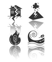 natuurramp slagschaduw zwarte glyph pictogrammen instellen. wereldwijde rampen. natuurbrand, aardbeving, vulkaanuitbarsting, tsunami. vernietigende kracht van de natuur. geïsoleerde vectorillustraties vector