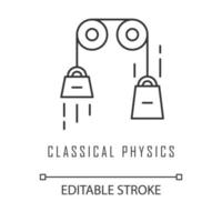 klassieke fysica lineaire pictogram. wetten van beweging en zwaartekracht. theoretische kinematica fysisch experiment. dunne lijn illustratie. contour symbool. vector geïsoleerde overzichtstekening. bewerkbare streek