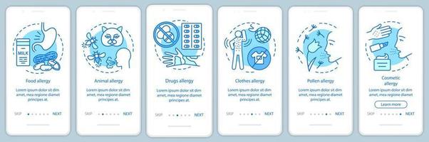 allergietypes onboarding mobiele app-paginascherm met lineaire concepten. voedsel, dieren, kleding, pollenallergieën walkthrough stappen grafische instructies. ux, ui, gui vectorsjabloon met illustraties vector