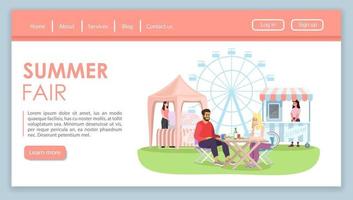 zomer eerlijke bestemmingspagina vector sjabloon. kermis, attractiepark attracties website-interface idee met platte illustraties. kermis straatvoedsel marktkramen webbanner, webpagina cartoon concept