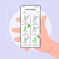 tennis coaching smartphone interface vector sjabloon. mobiele app pagina kleur ontwerp lay-out. bal raken techniek scherm. platte ui voor toepassing. hand met telefoon met speltrainingstool op het display