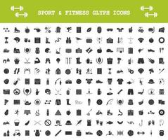 sport en fitness glyph pictogrammen grote reeks. gezonde levensstijl. sportschool, training training, oefeningen. buitenactiviteiten, teamsporten. vissen, wandelen, kamperen. silhouet symbolen. vector geïsoleerde illustratie