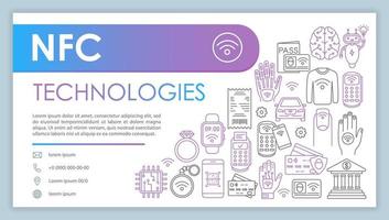 nfc-technologiebanner, vectorsjabloon voor visitekaartjes. contactloos en giraal betalen. bedrijfscontact met telefoon, e-maillijnpictogrammen. presentatie, webpagina-idee. lay-out bedrijfsafdrukontwerp vector