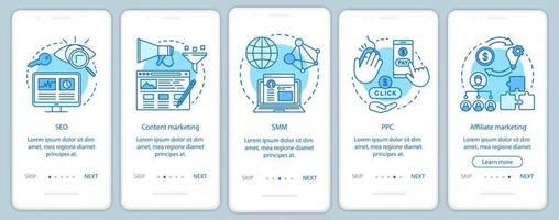 digitale marketingtactieken blauwe onboarding mobiele app-paginascherm vectorsjabloon. seo,smm, ppc walkthrough websitestappen met lineaire illustraties. ux, ui, gui smartphone-interfaceconcept vector