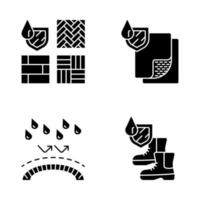 waterdichting glyph pictogrammen instellen. waterbestendige materialen en oppervlakken. waterdichte vloeren, schoenen. vloeistof- en regenbescherming. hydrofobe technologie. silhouet symbolen. vector geïsoleerde illustratie