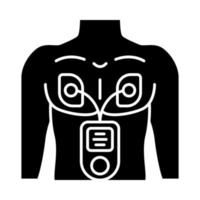 elektrische spierstimulator glyph icoon. hartslag- en hartslagmeter. diagnose van hartaandoeningen. myostimulatie. em. Medisch apparaat. silhouet symbool. negatieve ruimte. vector geïsoleerde illustratie