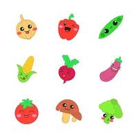 groenten schattige kawaii vector tekens. ui, paprika, rode biet met lachende en kussende gezichten. maïs, tomaat, broccoli. grappige emoji, emoticon set. lachend eten. geïsoleerde cartoon kleur illustratie